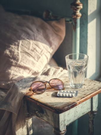Bedside table features a glass of water and a blister of medicine, catching morning light, creating a calming atmosphere.の素材