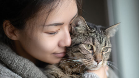 In a cozy space, a person embraces their cat near a window, capturing a heartfelt and emotional moment filled with love.の素材
