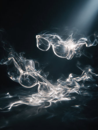 A unique pair of glasses floats in mid-air, illuminated by a soft spotlight, creating an abstract and enchanting scene with shadows.の素材
