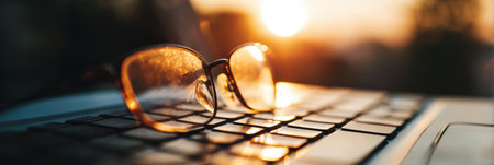 Glasses rest on a keyboard, catching the warm glow of sunlight, creating a serene tech workspace in the evening.の素材