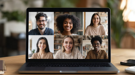 Team members connect and collaborate from different locations during a lively conference call in a cozy setting.の素材