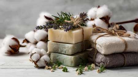 Natural soap bars are stacked elegantly with herbs and soft cotton accents, creating a serene spa-like atmosphere for relaxation.の素材