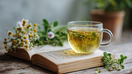 Herbal tea is served in a glass cup beside an open notebook filled with notes, surrounded by fresh herbs and flowers, promoting relaxation.の素材