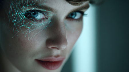 A hologram analyzes facial features on a human face, showing advanced technology in a modern, high-tech environment.の素材
