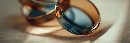Optical lenses are showcased with a blurred reflection, highlighting their clarity in a simple studio environment.の素材