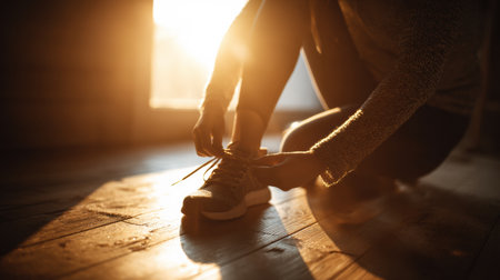 Runner kneels on a wooden floor, tying shoelaces with determination as sunlight streams in, creating an inspiring atmosphere for exercise.の素材