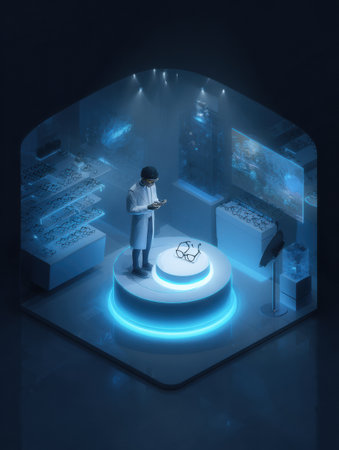 A robot shop assistant presents advanced eyewear on a glowing stand inside a modern optics lab featuring digital displays and sleek design.の素材
