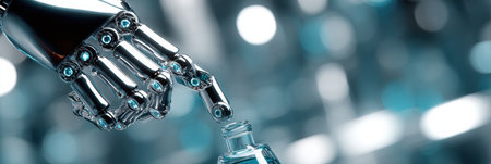 A robot lab assistant is skillfully mixing a skincare serum in a beaker, showing advanced technology in a sterile lab setting.の素材