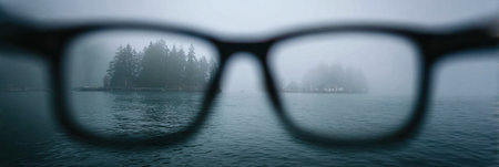 Fog envelops a serene landscape while an optical frame provides a clear view of distant islands, illustrating the theme of clarity.の素材