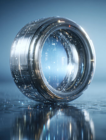 A reflective lens captures a vibrant digital matrix, illustrating themes of clarity and cybersecurity in a modern environment.の素材