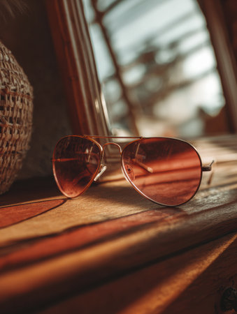 Close-up of fashionable sunglasses on a counter beside a mirror, warm light reflecting through the scene, emphasizing comfortable aesthetics.の素材
