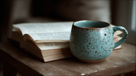 Warm coffee sits in a speckled mug next to a well-loved book on a wooden table, inviting relaxation and comfort in a slow living atmosphere.の素材