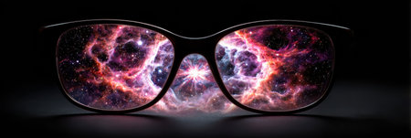 A nebula forms an eye shape inside a pair of glasses, showing the beauty of creativity and the cosmos as a source of inspiration.の素材