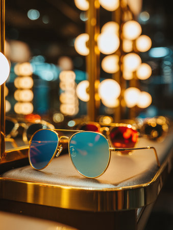 Stylish sunglasses are placed on a counter next to a mirror, illuminated by warm light reflections creating an inviting atmosphere.の素材