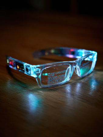 High-tech glasses project a holographic screen, showcasing augmented reality in a contemporary setting, blending technology and vision.の素材