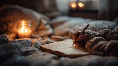 A woman writes in a journal, surrounded by soft blankets and warm candlelight, creating a peaceful atmosphere for mindfulness at night.の素材
