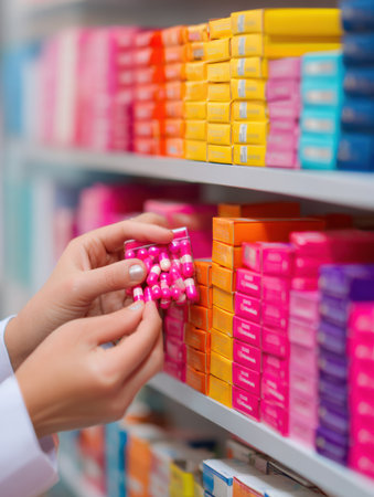 A pharmacist is busy arranging vibrant pill boxes on a shelf in a retail pharmacy, ensuring products are easy to find.の素材