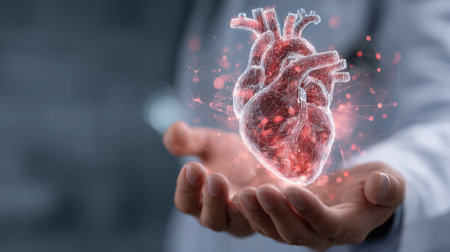 Healthcare professional holds a holographic representation of a heart to illustrate advanced technology in medical diagnostics and patient care.の素材