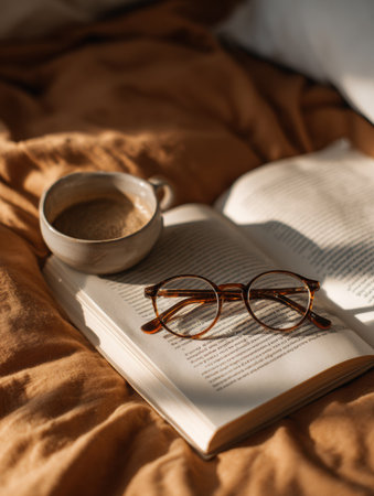 Glasses rest on an open book, accompanied by a warm cup of coffee, all bathed in soft morning light, creating a peaceful atmosphere.の素材