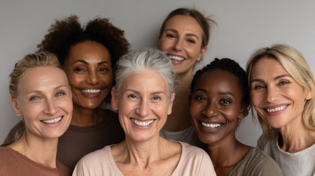 A group of six diverse women stand close together, smiling brightly and sharing a moment of joy against a soft neutral background.の素材