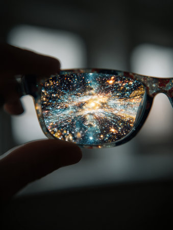 Glasses hold a vibrant nebula inside their lenses, showcasing a blend of creativity and cosmic exploration in a moment of reflection.の素材