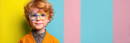 A cheerful child with curly hair wearing colorful glasses smiles at the camera in front of a vibrant pastel backdrop.の素材