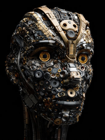 Intricate robot face is made from various lenses and frames, highlighting a creative interpretation of human-AI vision.の素材