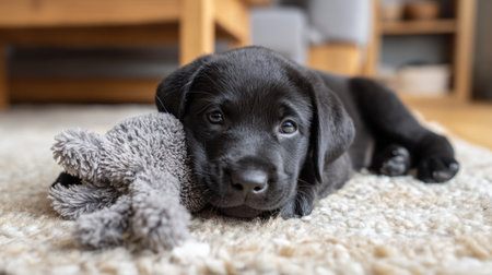 A playful puppy rests on the carpet, chewing on a soft toy in a welcoming home. The atmosphere is cozy and inviting.の素材