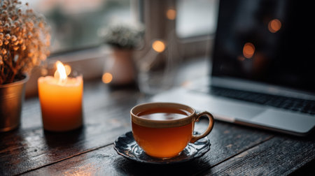 Warm cup of tea sits beside a laptop on a wooden table, with a lit candle creating a peaceful atmosphere for relaxation and focus.の素材