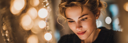 A woman tests new eyeglass frames in a chic optical boutique, admiring her reflection in warm ambient lighting that enhances her experience.の素材