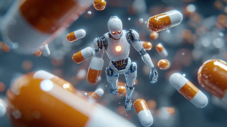 Robot pharmacist surrounded by floating pills and molecules represents advancements in healthcare technology in a sci-fi settingの素材