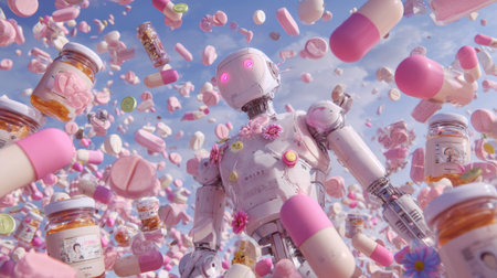 A robot pharmacist stands amidst a swirl of floating pills and molecules, showing advanced medicine in a futuristic setting full of color.の素材