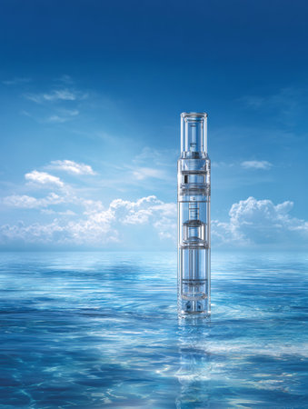 A clear medical tube rests on a smooth blue surface, set against a tranquil blue sky and soft clouds, highlighting its design and functionality.の素材