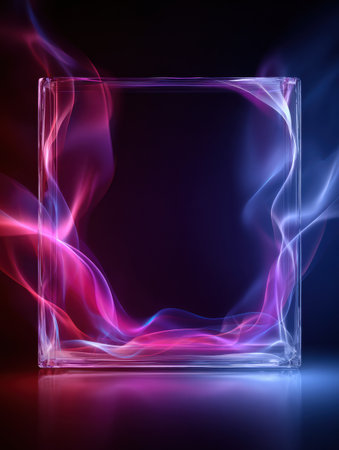 A transparent frame appears to hover amid swirling colored light trails, creating an energetic and dynamic ambiance that captivates viewers.の素材