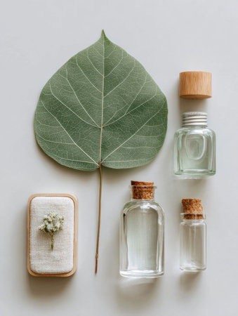 Skincare items are arranged neatly with a large green leaf, promoting a fresh and organic aesthetic in a tranquil setting.の素材