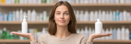A woman holds one skincare product in each hand while comparing them in a vibrant beauty aisle at a store.の素材