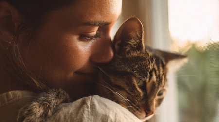 Person shares a heartfelt embrace with a cat near the window, capturing a cozy and emotional moment as the sun sets.の素材