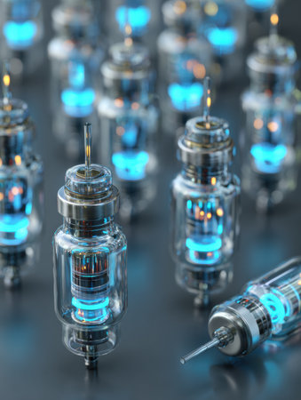 Transparent ampoules hover around a central glowing core, embodying the essence of purity in a modern, clean environment.の素材