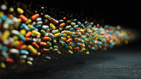 Abstract capsules in vibrant colors create a visual wave, showcasing movement and vitality within the healthcare sector.の素材