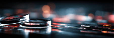 Optical lenses float above a vibrant data hologram, representing cutting-edge technology in a modern setting filled with light.の素材