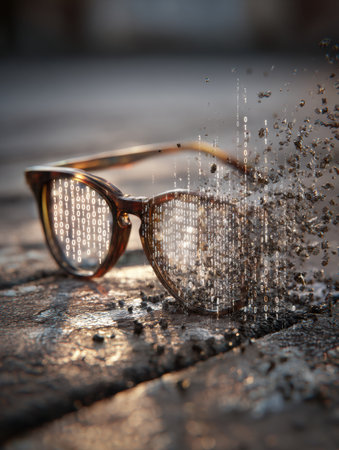 Glasses appear to dissolve into a flowing stream of binary code, symbolizing changes in perception through advanced technology.の素材