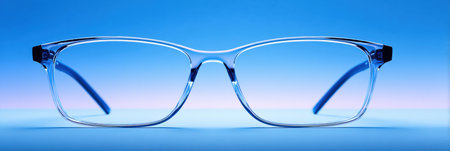 Clear, modern glasses are showcased on a light gradient background that transitions from white to soft blue, creating a clean and elegant look.の素材