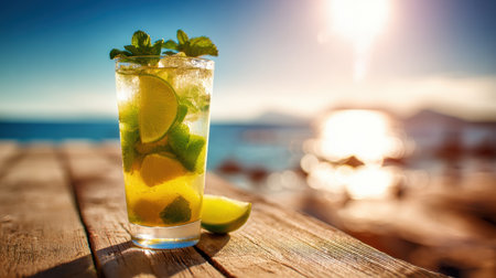 Enjoying a refreshing summer cocktail with lime and mint under the warm sun near the beach. Perfect for a relaxing day outdoors.の素材