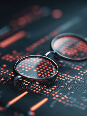 Optical lenses rest on a colorful data hologram, highlighting emerging tech trends and innovations in the digital landscape and visual technologyの素材