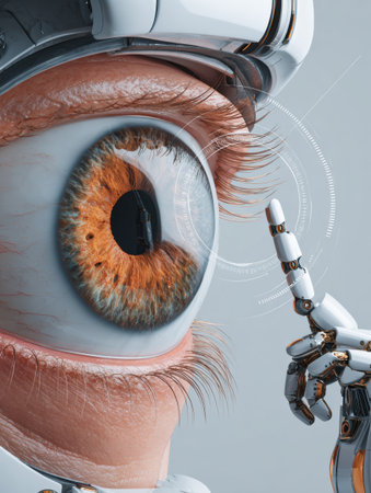 A robot optometrist conducts a precise eye scan on a humans eye, showing advanced technology in a modern setting.の素材