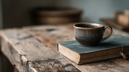 A cozy coffee mug sits atop a closed book on a wooden table, creating a relaxing atmosphere perfect for slow living.の素材