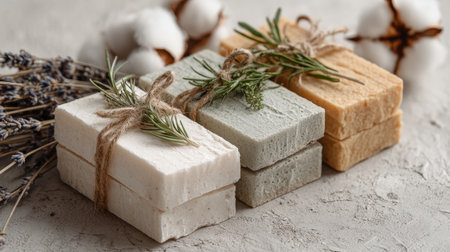 Natural soap bars are arranged neatly with herbs and soft cotton, showcasing a tranquil and inviting spa atmosphere perfect for relaxation.の素材