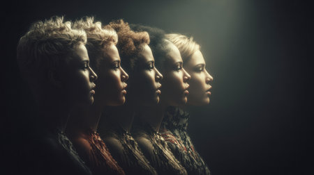A mirror reflects the profile of five women, each showing unique hair textures and beauty under soft, warm lighting in a serene studio.の素材