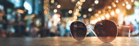 Close-up view of fashionable sunglasses resting on a counter, surrounded by warm light reflections and a lively background atmosphere.の素材