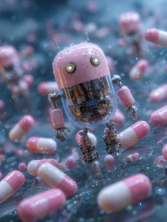 Robot pharmacist interacts with colorful floating pills and molecular structures in a futuristic healthcare environment.の素材